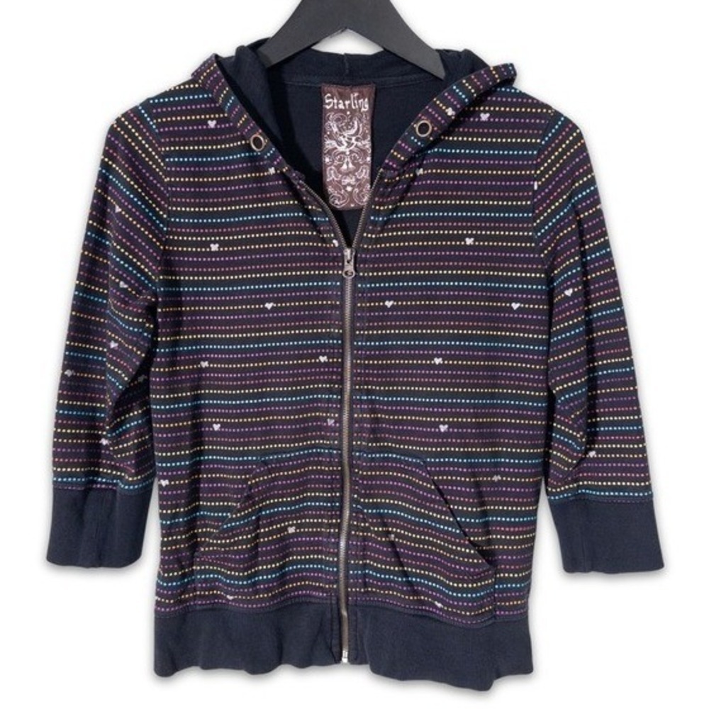 Starling Zip Up Hoodie Womens Medium Black Rainbow Polka Dot Heart Y2K Retro